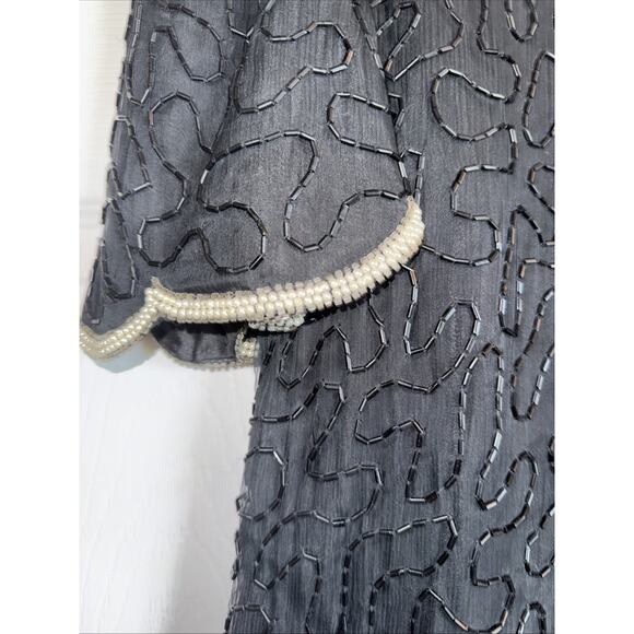 Vintage Lawrence Kazar Sz L Beaded Silk Top Black Gold Silver Embellished Party - Picture 5 of 11